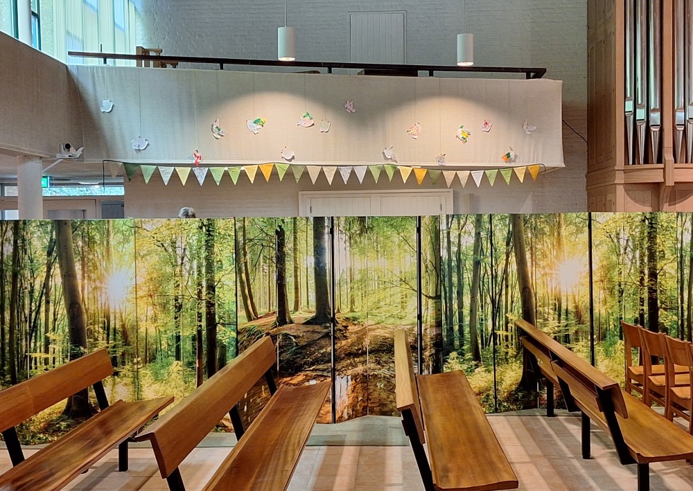 Kerkzaal van de Ter Coulsterkerk met banken en orgelpijpen